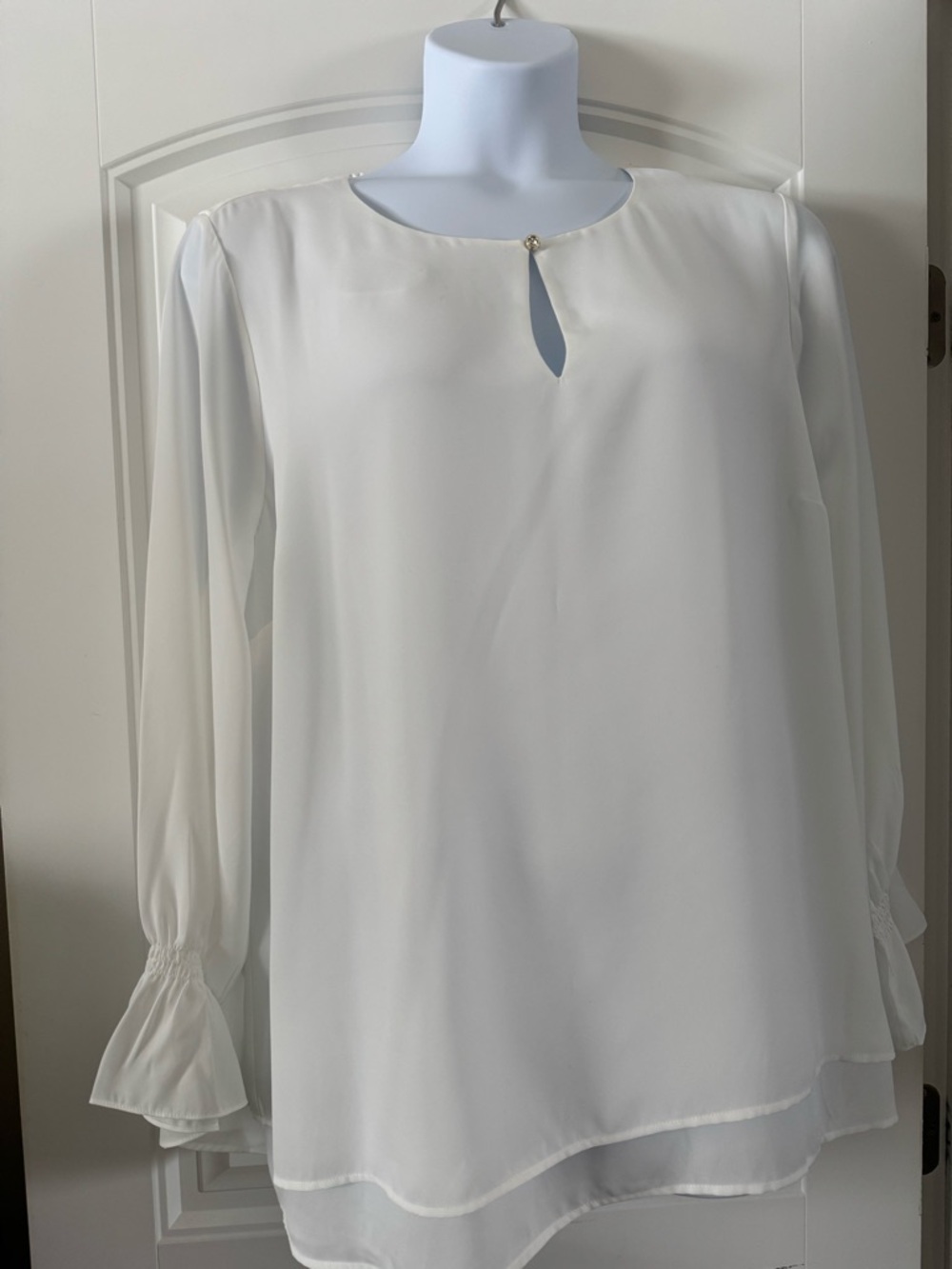 Classic White Long-Sleeve Keyhole Blouse